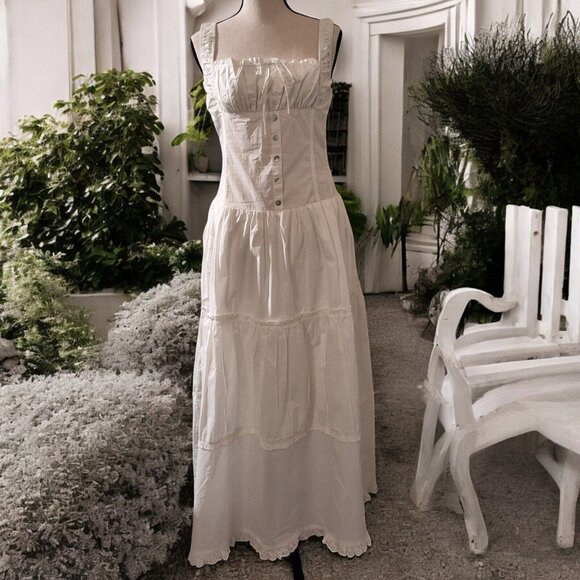 Commense Dresses & Skirts - Commense White Ruffle Semi Sheer Maxi Dress Tie & Button Detail Sz L